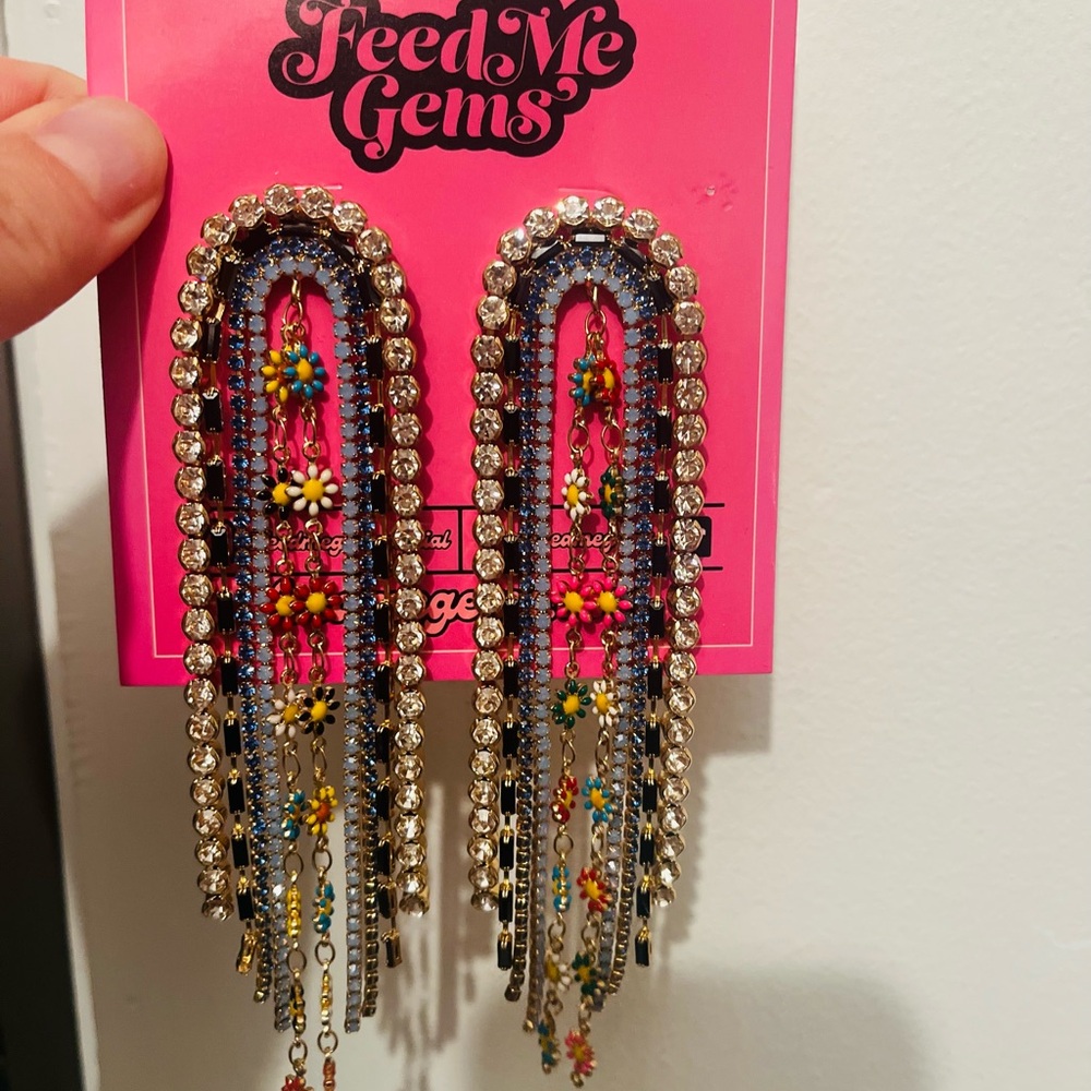 Extra Long Multicolor Flower Statement Earrings